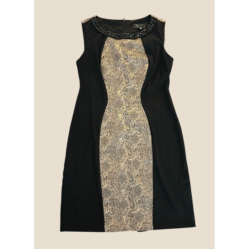 Dressbarn Collection Black Gold Paisley Beaded Sheath Dress Petite 12 1412